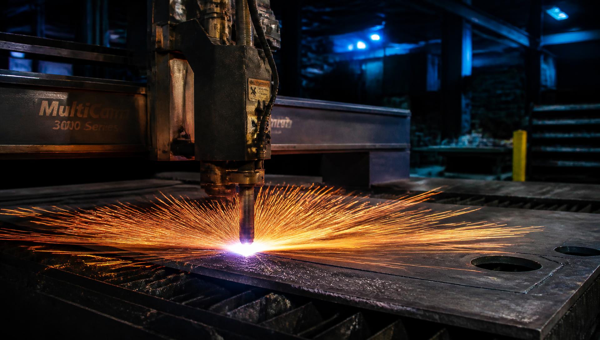 CNC plasma cutting machine cutting steel plate with sparks